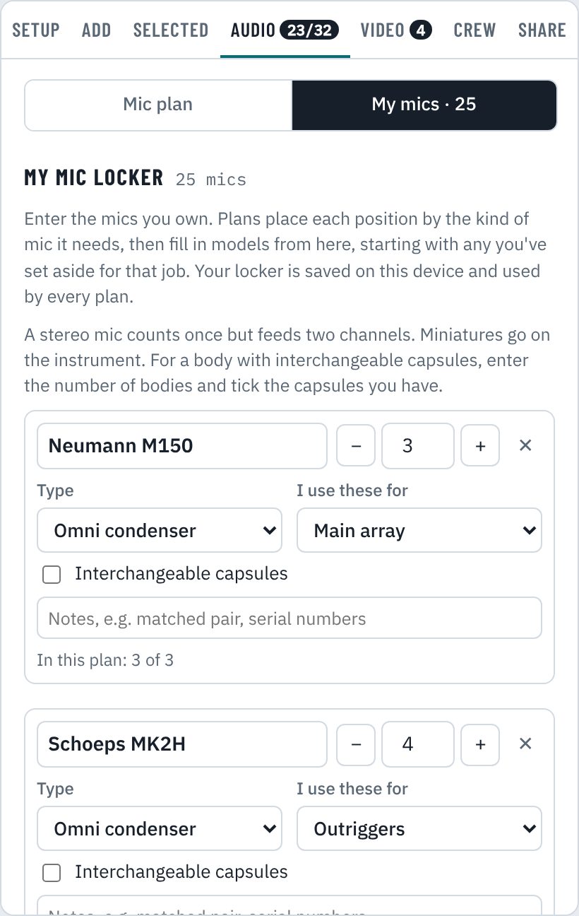 The My mics panel listing Neumann M150 ×3 for the main array and Schoeps MK2H ×4 for outriggers