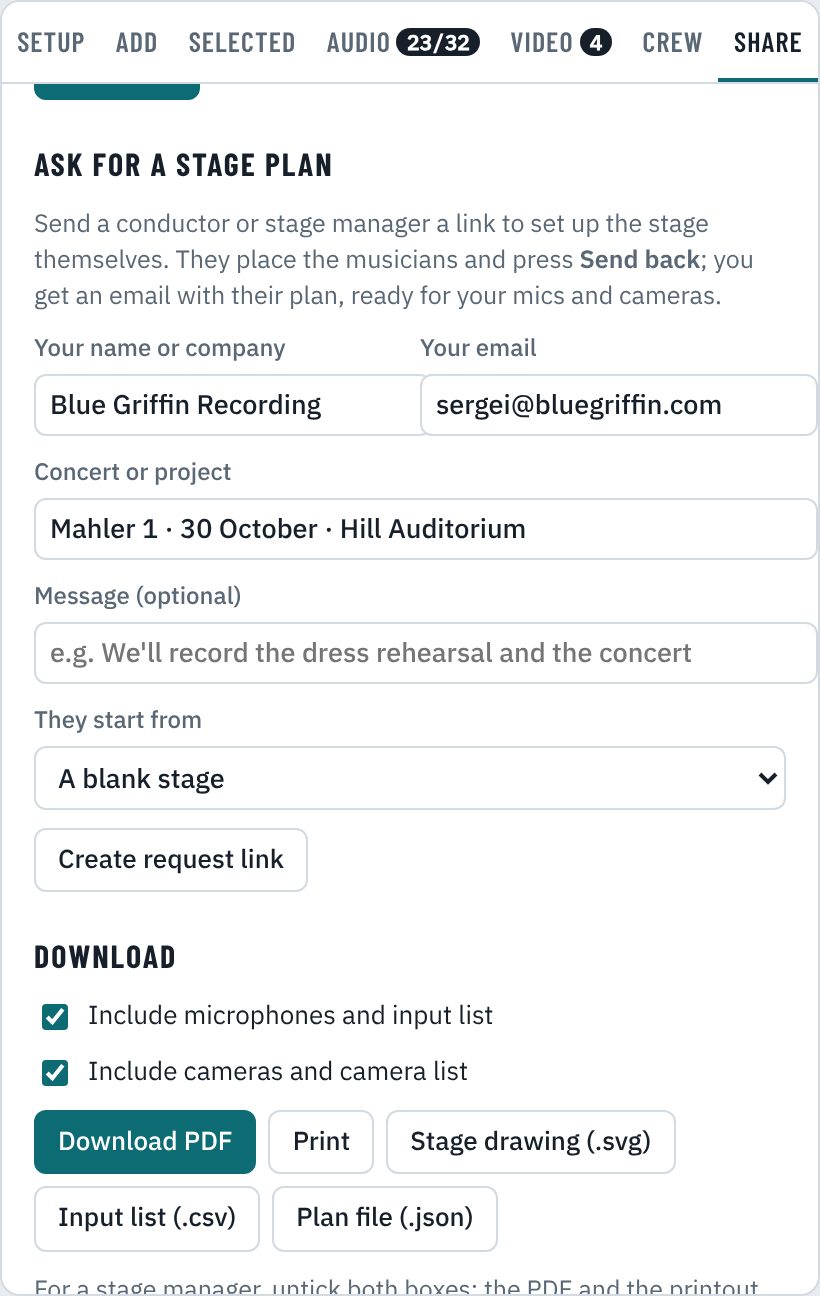 The Ask for a stage plan form with name, email and concert filled in
